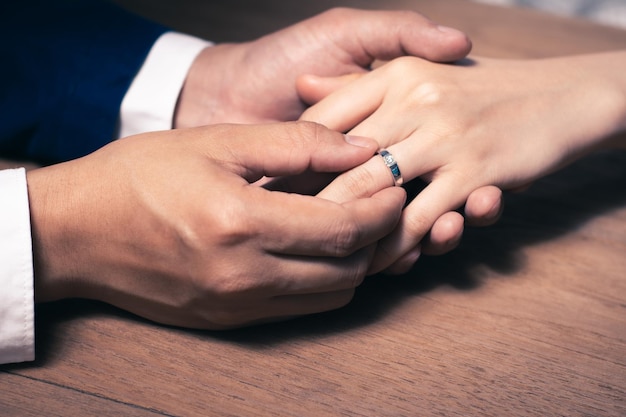 Groom wearing the wedding ring to Bride finger