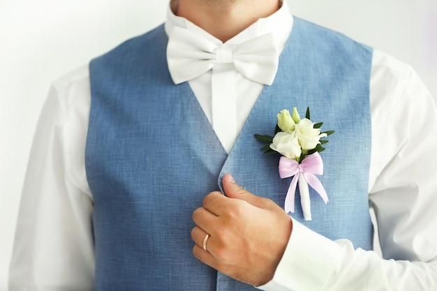 Groom on wedding day closeup