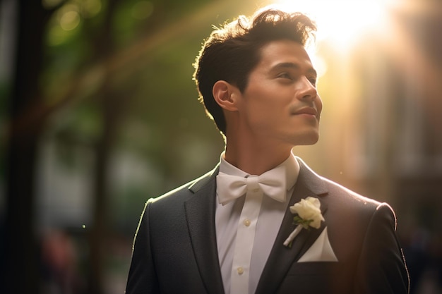 Groom in wedding dress on bokeh style background