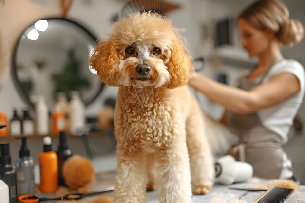 Photo groomed dog poodle standing on grooming table surrounded by professional tools like scissors brushes blow dryer the scene is brightly lit with white walls and large mirror reflecting the light