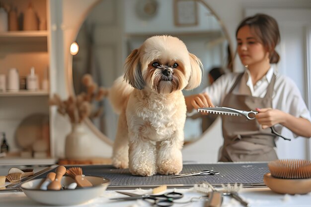 Photo groomed dog shih tzu standing on grooming table surrounded by professional tools like scissors brushes blow dryer the scene is brightly lit with white walls and large mirror reflecting the light