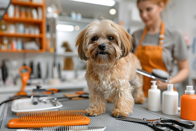 Photo groomed dog shih tzu standing on grooming table surrounded by professional tools like scissors brushes blow dryer the scene is brightly lit with white walls and large mirror reflecting the light