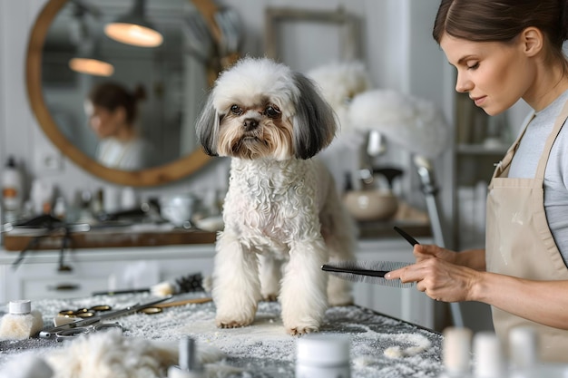 Photo groomed dog shih tzu standing on grooming table surrounded by professional tools like scissors brushes blow dryer the scene is brightly lit with white walls and large mirror reflecting the light