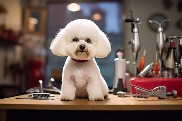 A groomer trimming a bichon frises fur with scissors generated ai