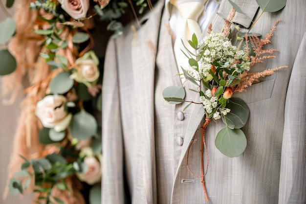 Photo a grooms suit adorned with delicate floral accents for a romantic wedding day