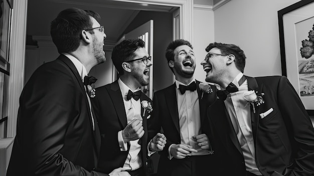 Photo groomsmen and bridesmaids laughing together wedding celebration friends in formal attire joyful moment indoor reception happy gathering generative by ai