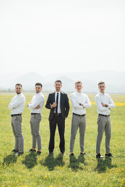 Groomsmen and groom posing on the wedding day.