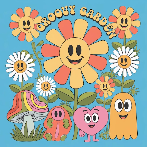 Photo groovy cartoon and daisy flower various emotional gestures and chamomile background template