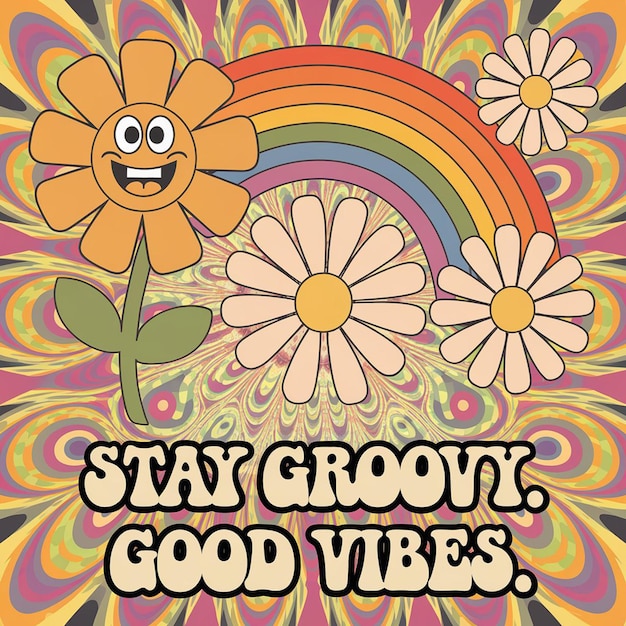 Photo groovy cartoon and daisy flower various emotional gestures and chamomile background template