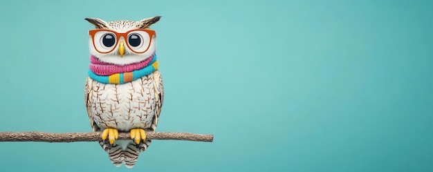 Photo a groovy cartoon owl perched on a branch wearing retro glasses and a colorful scarf groovy cartoon owl retro