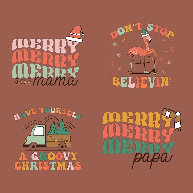 Groovy Christmas prints set with different vintage graphics and quoteshot cocoa vibes all is calm all is bright Retro Christmas graphics Stock clipart on dark background