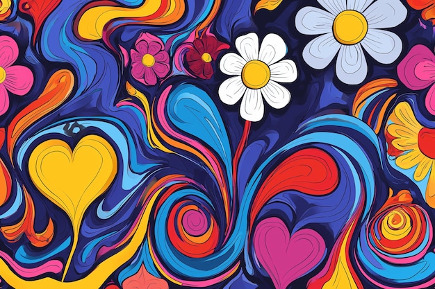 Groovy hippie 70s backgrounds Waves swirl twirl pattern with heart daisy flower Twisted and distorted vector texture in trendy retro psychedelic style Y2k aesthetic