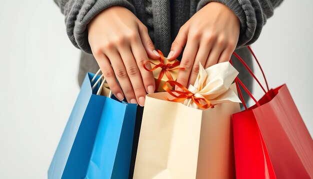 Gros plan sur les mains dune femme avec plein de sacs pour des cadeaux pendant son shopping