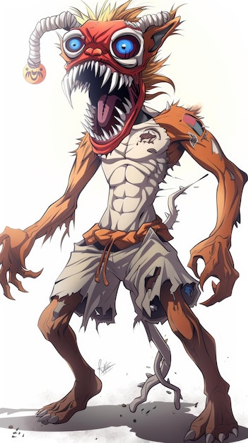 A grotesque humanoid creature with tattered clothing exposed ribs and sharp teeth