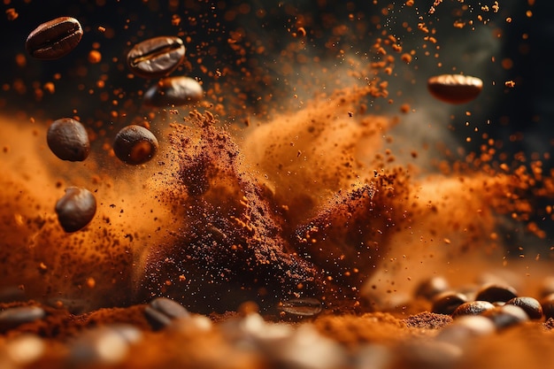 Ground coffee and coffee beans explode dynamically Generative Ai