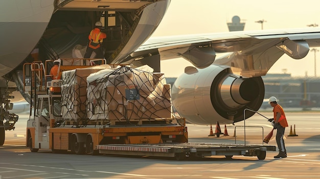 Photo ground crew loading cargo into airplane at airport workers operating machinery for cargo transportation aviation logistics and air freight operations generative by ai