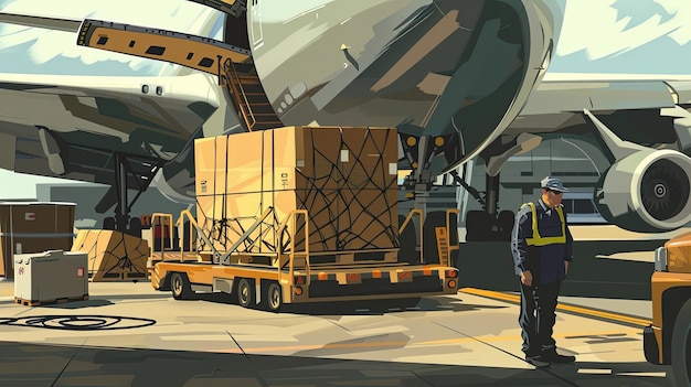 Photo ground crew loading cargo into airplane at airport workers operating machinery for cargo transportation aviation logistics and air freight operations generative by ai