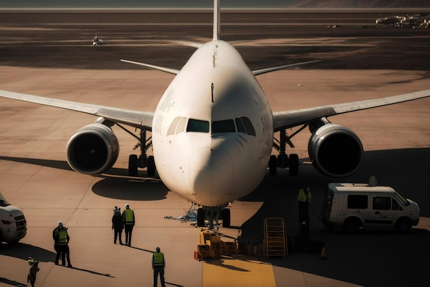 Ground staff perform maintenance on a stopped widebody commercial airliner at an airport ready for its next air travel journey Ai generated