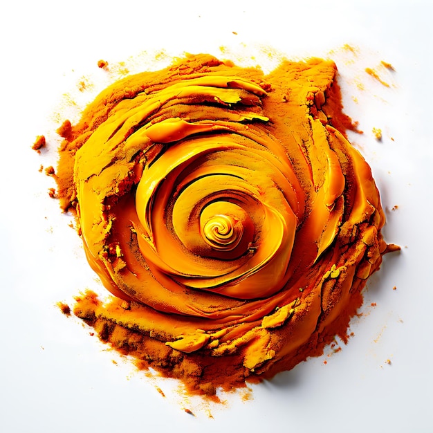 Photo ground turmeric in a swirl on a glossy white surface