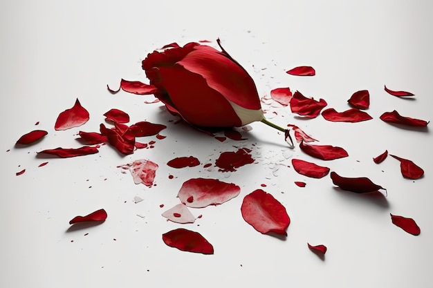 The ground was covered in stray red rose petals white background alone