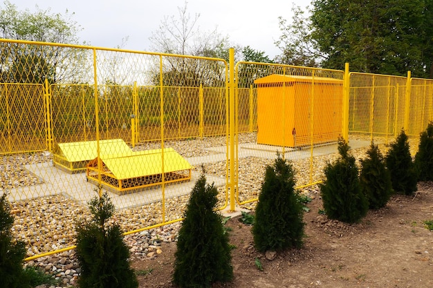 Ground with tanks for liquefied gas Modern gas installation with protective fencing Yellow fence Supply of gas to population Connection of houses to energy Gas and energy prices Planted thuja