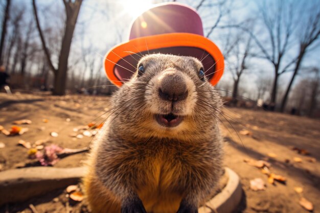 Groundhog Day celebration with Punxsutawney Phil emerging to predict the weather an annual tradition in February anticipating an early spring or extended winter