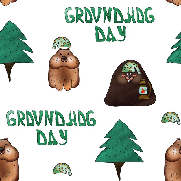 Groundhog day lettering illustration seamless pattern