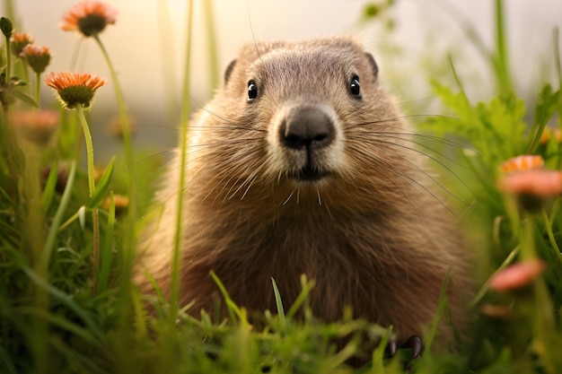 Groundhog on a meadow with spring flowers