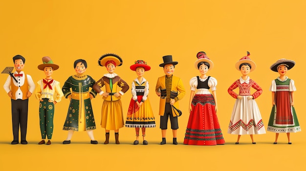 A group of 10 cartoon people in traditional clothing