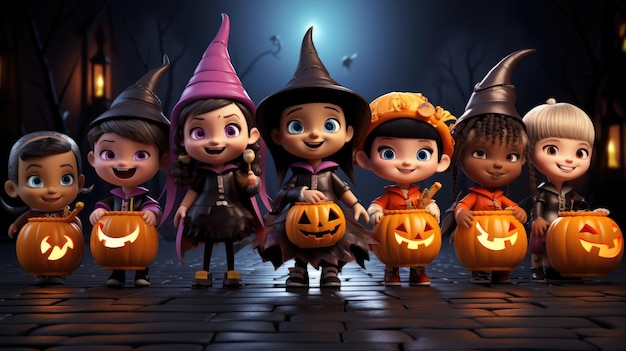 A group of 3D cartoon kids in elaborate Halloween