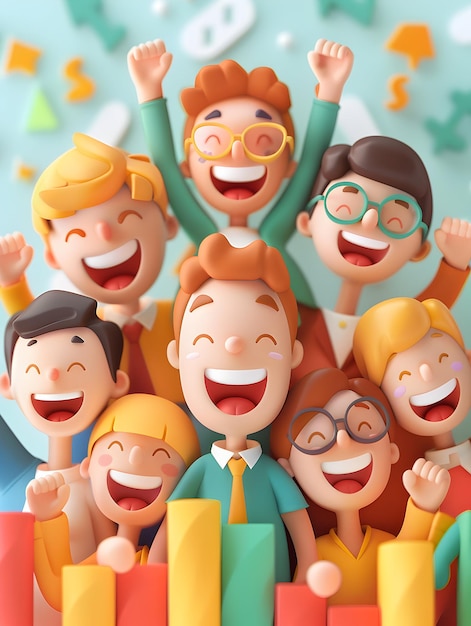 A Group of 3D Flat Icon People with Glowing Financial Charts and Happy Smiles Against Whimsical Back