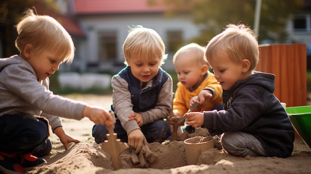 Group of 5 6 year old boys playing in a sandbox outdoor