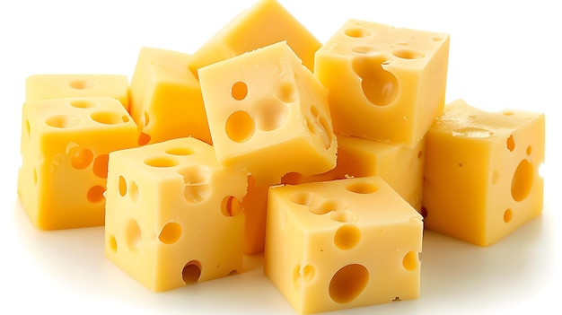 A group of 8 cheese cubes with holes in them isolated on white background