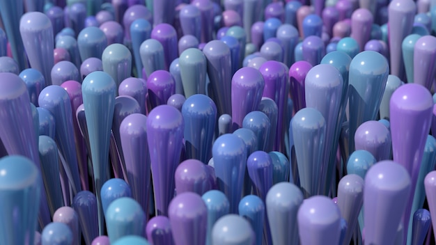 Group of abstract blue and purple glossy shapes. 3d render, close-up.