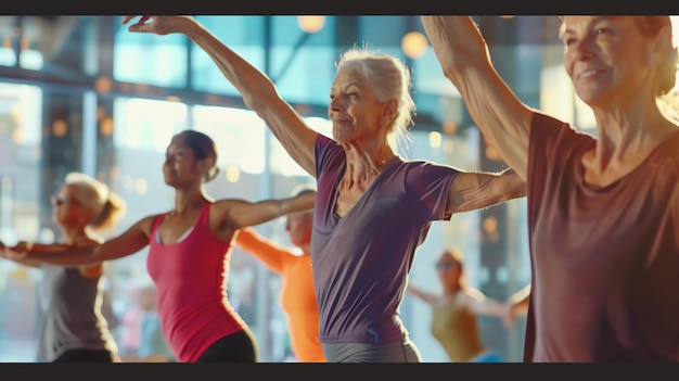 Group of active seniors in a dance class vibrant energy diverse styles large mirrors reflecting