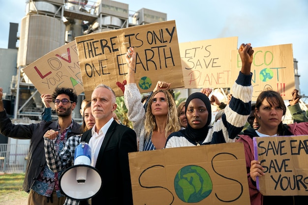 Photo group of activist people from different ages gathered to protest against factories and pollution