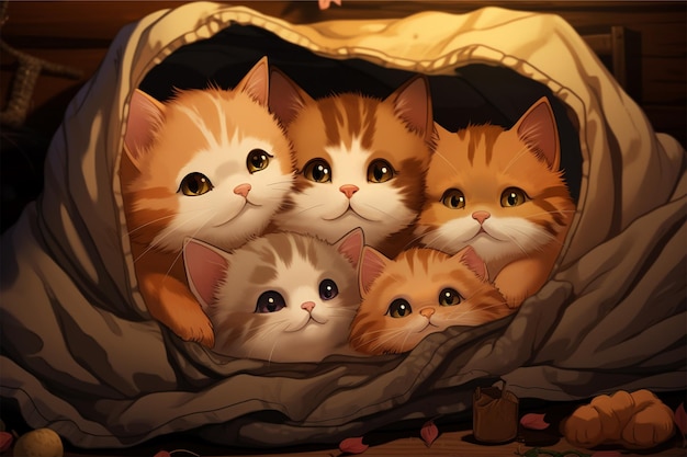 A group of adorable anime cartoon kittens snuggled together in a cozy blanket fort