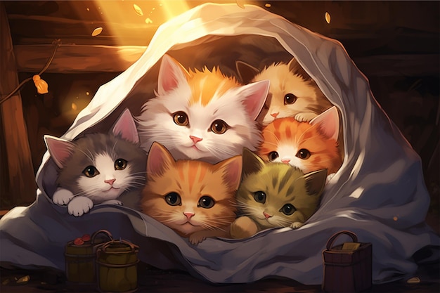 A group of adorable anime cartoon kittens snuggled together in a cozy blanket fort