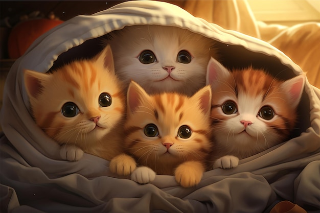 A group of adorable anime cartoon kittens snuggled together in a cozy blanket fort