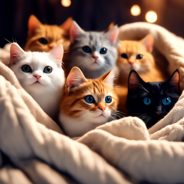 A group of adorable cats cuddled up together in a cozy blanket fort