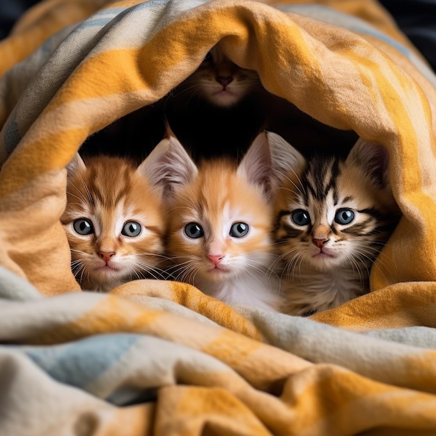 Group of Adorable Cute Kittens Under a Blanket