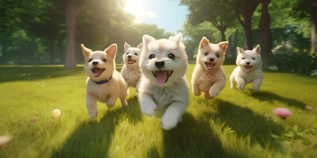 Group of adorable dogs playing and running about on a park's lush grass Generative Ai