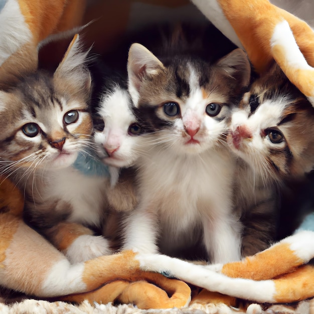 A group of adorable kittens cuddled up together in a cozy blanket ai generated image