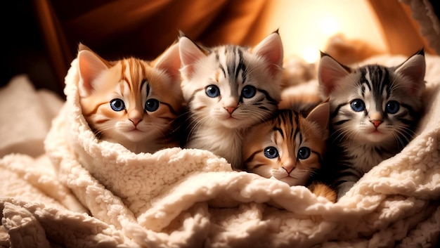 A group of adorable kittens cuddled up together in a cozy blanket fort ai generated