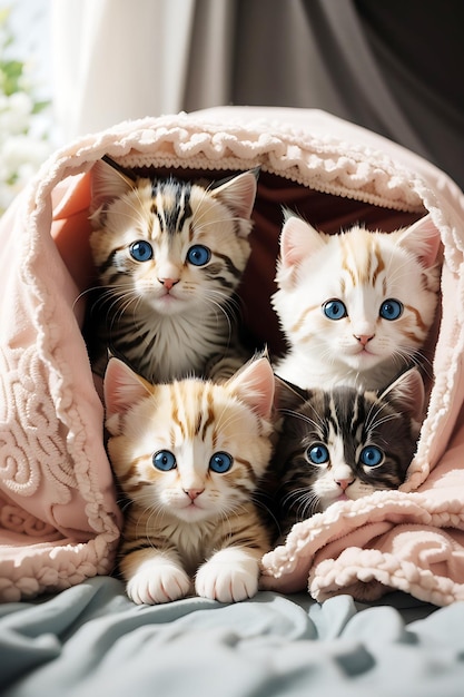 A group of adorable kittens cuddled up together in a cozy blanket fort Two Kittens Sitting in a Blu