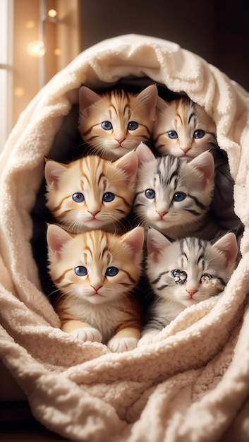 A group of adorable kittens cuddled up together in a cozy blanket fort Two Kittens Sitting in a Blu