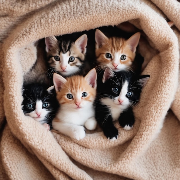 A group of adorable kittens cuddled up together in a cozy blanket fort