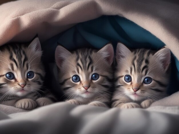 A group of adorable kittens cuddled up together in a cozy blanket fort