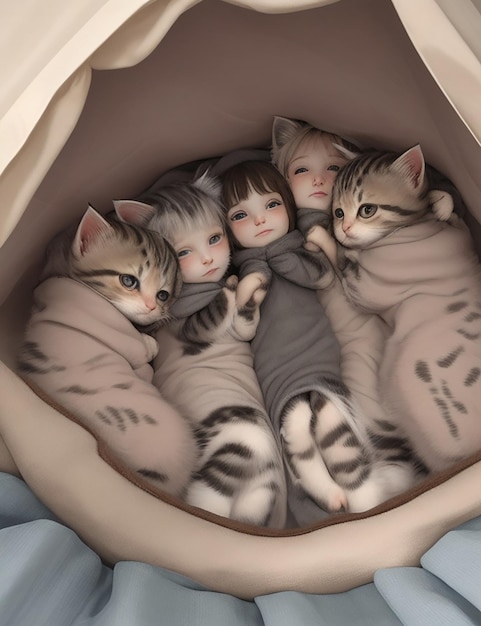 A group of adorable kittens cuddled up together in a cozy blanket fort