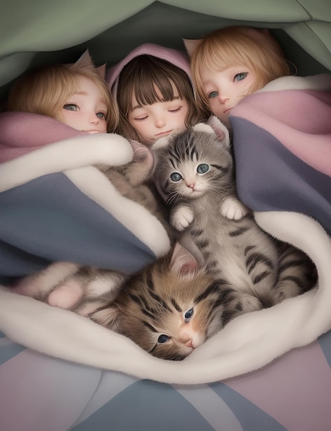 A group of adorable kittens cuddled up together in a cozy blanket fort